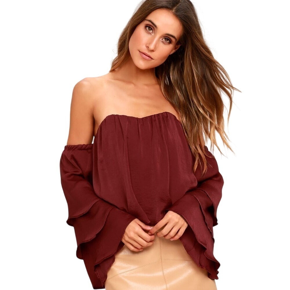 Lulus New‎ Size M Burgundy Satin Off the Shoulder Crop Top Layered Sleeves